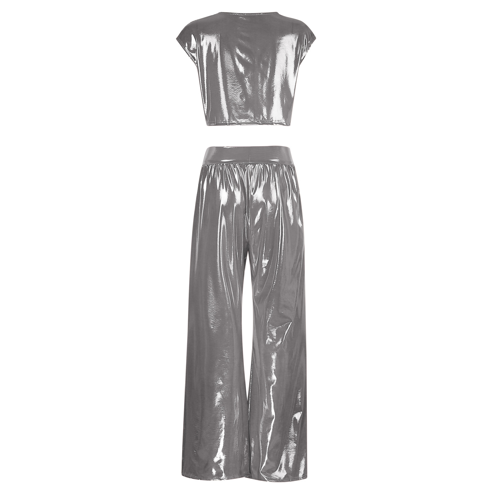 thumbnail image 5 of Conjunto de dos piezas para mujer con chaleco brillante y pantalones anchos: conjunto de top corto sin mangas y cuello redondo, tallas S-XXXXXL, 5 of 8